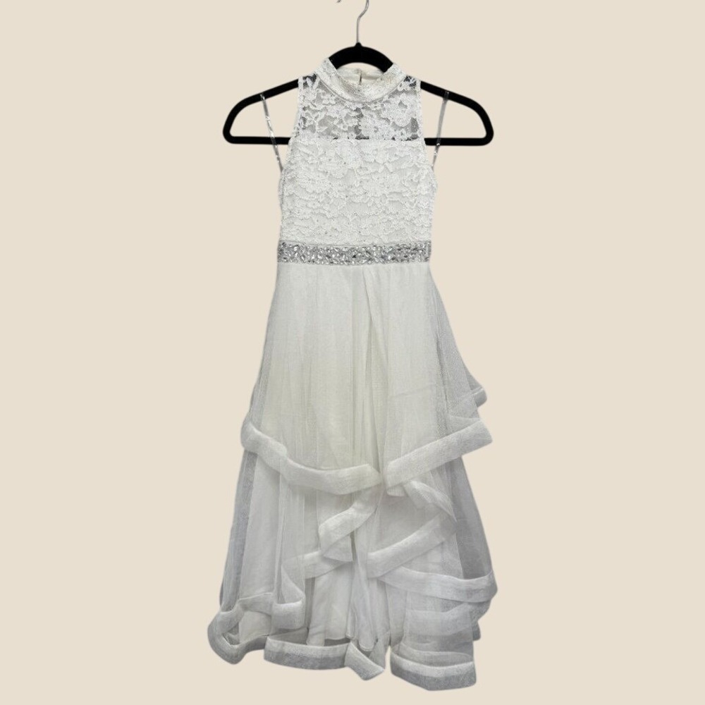Girls White Lace Tulle Formal Dress High-Low Rhinestone Belt Size 7 SC451D05H908